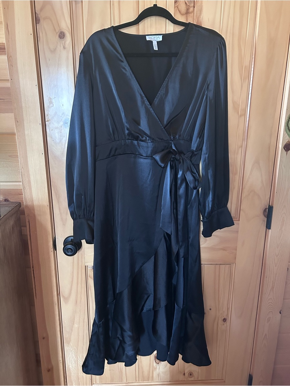 Rocca Black Satin Wrap Midi Dress with Tie Waist